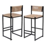 Kitchen Bar Stools with Footrest Set of 2 Paper Rope Weave Dining Chairs Counter Height Barstool (Style B Black & Honey)