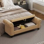 64.5" Bed Bench for Bed Room Nails Tufted Chaise of Lounge with Storage Velvet Upholstery Khaki - Image 5