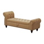 64.5" Bed Bench for Bed Room Nails Tufted Chaise of Lounge with Storage Velvet Upholstery Khaki - Image 6