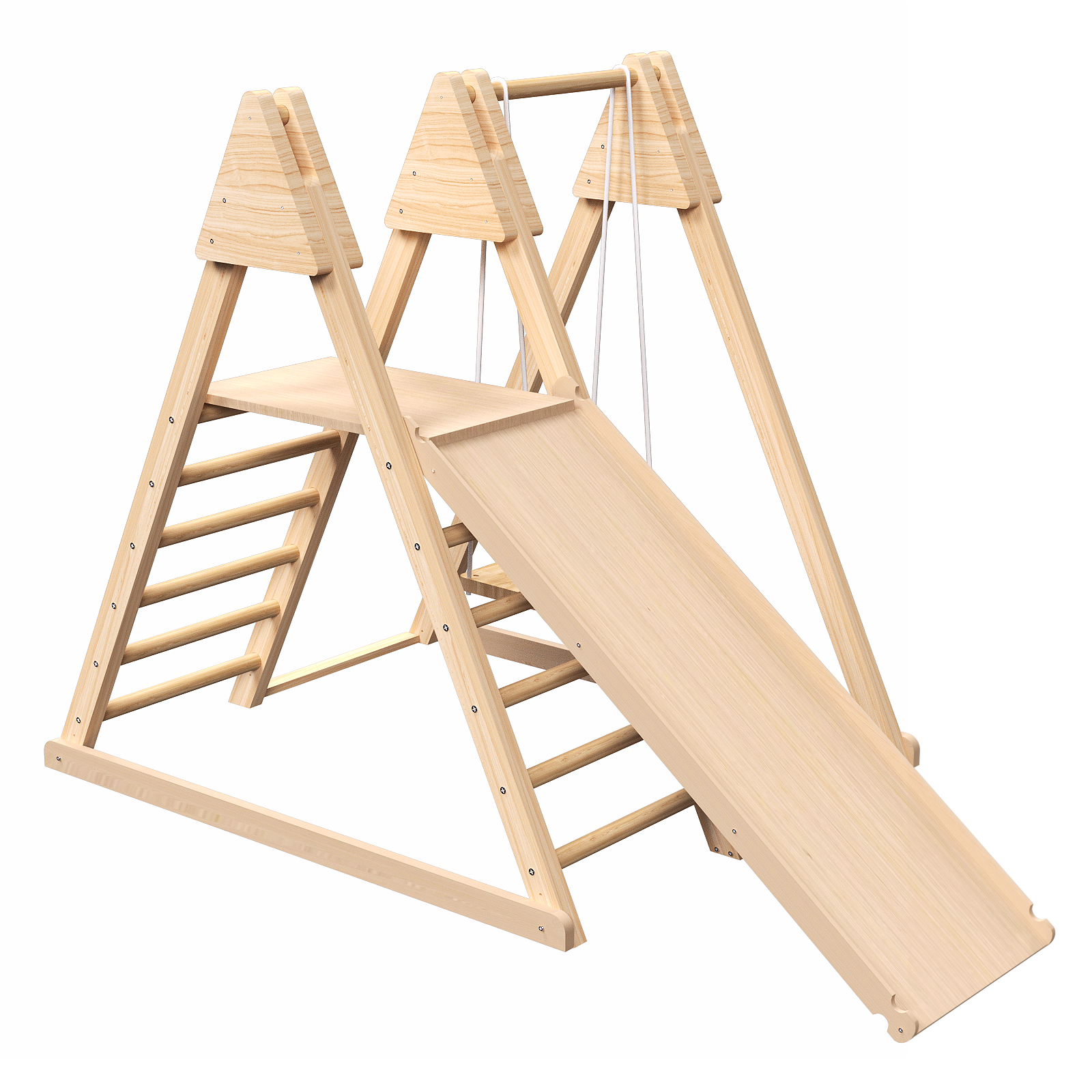 c188c6310a20979d194b54fd0d5edeca.png 4-in-1 Juniper Indoor Play Gym - Jungle Gym Playset with Baby Swing, Slide, Ladder, and Climbing Wall - Foldable Wooden Playset - Indoor Jungle Gym for Kids - Image 1