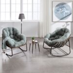 Outdoor Rattan Rocking Chair,Padded Cushion Rocker Recliner Chair Outdoor for Front Porch, Living Room, Patio, Garden, Light Green