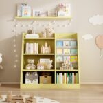 Yellow Wooden Toy Storage Organizer Cabinet Kids Bookshelf Children Bookcase Toddler Baby Sling Book Rack Shelf for Playroom Bedroom Nursery Hallway School Kindergarten Living Roomy - Image 9