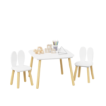 Kids Table and 2 Chairs Set, 3 Pieces Rabbit Themed Toddler Table and Chair Set, Children Wooden Activity Play Table Set Solid Wood Legs (White)