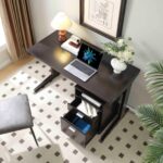 Home office desk with modesty panel and detached file cabinet on locking wheels with two drawers file drawer cubby shelf metal bar handle Red Cocoa color - Image 14