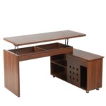 55.1''L, Walnut Home Office L-Shaped Executive Desk , Height Adjustable Desk with Storage Drawers and Cabinet