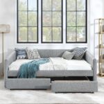 Queen Size Daybed with Two Drawers Trundle Upholstered Sofa Bed, with Vertical Stripes Linen Fabric, Grey (86.5"x65"x30") - Image 18