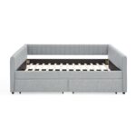 Queen Size Daybed with Two Drawers Trundle Upholstered Sofa Bed, with Vertical Stripes Linen Fabric, Grey (86.5"x65"x30") - Image 9