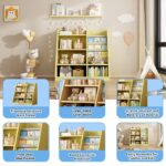 Yellow Wooden Toy Storage Organizer Cabinet Kids Bookshelf Children Bookcase Toddler Baby Sling Book Rack Shelf for Playroom Bedroom Nursery Hallway School Kindergarten Living Roomy - Image 10