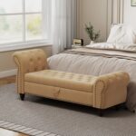64.5" Bed Bench for Bed Room Nails Tufted Chaise of Lounge with Storage Velvet Upholstery Khaki - Image 9