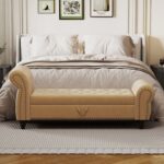 64.5" Bed Bench for Bed Room Nails Tufted Chaise of Lounge with Storage Velvet Upholstery Khaki - Image 11