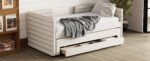 Twin Size Upholstered Daybed with Trundle and 3 Storage Drawers, Short-haired Linen Fabric Sofa Bed for Guest Room, Living Room, Space-Saving Modern Day Bed Frame, No Box Spring Needed, Beig - Image 13